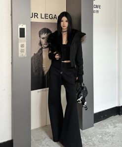 Hooded Fur Collar Cotton Coat for Women, Diagonal Placket, Plush Lining, Black and Floral Gray, Stylish Winter Outerwear