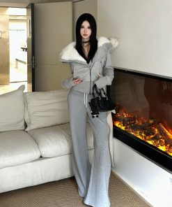 Hooded Fur Collar Cotton Coat for Women, Diagonal Placket, Plush Lining, Black and Floral Gray, Stylish Winter Outerwear