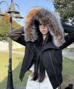 Hooded Fur Collar Cotton Coat for Women, Diagonal Placket, Plush Lining, Black and Floral Gray, Stylish Winter Outerwear