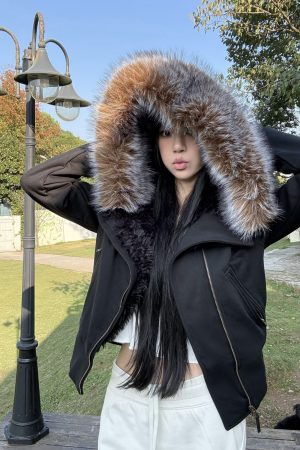 Hooded Fur Collar Cotton Coat for Women, Diagonal Placket, Plush Lining, Black and Floral Gray, Stylish Winter Outerwear