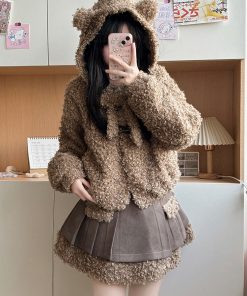 Hooded Lamb Wool Coat & Pudding Bear JK Uniform Set - College Style Autumn Winter Two-Piece for Women