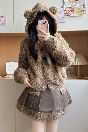 Hooded Lamb Wool Coat & Pudding Bear JK Uniform Set - College Style Autumn Winter Two-Piece for Women