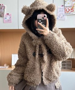 Hooded Lamb Wool Coat & Pudding Bear JK Uniform Set - College Style Autumn Winter Two-Piece for Women