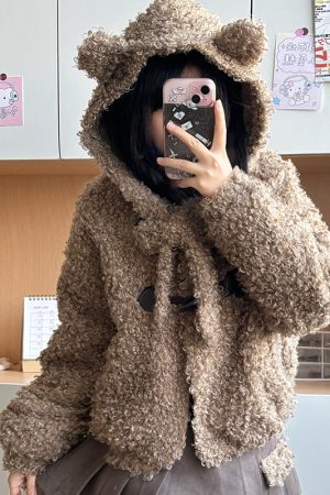 Hooded Lamb Wool Coat & Pudding Bear JK Uniform Set - College Style Autumn Winter Two-Piece for Women