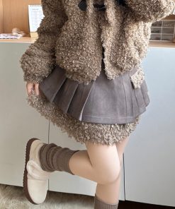 Hooded Lamb Wool Coat & Pudding Bear JK Uniform Set - College Style Autumn Winter Two-Piece for Women