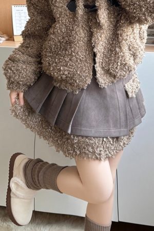 Hooded Lamb Wool Coat & Pudding Bear JK Uniform Set - College Style Autumn Winter Two-Piece for Women