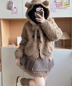 Hooded Lamb Wool Coat & Pudding Bear JK Uniform Set - College Style Autumn Winter Two-Piece for Women