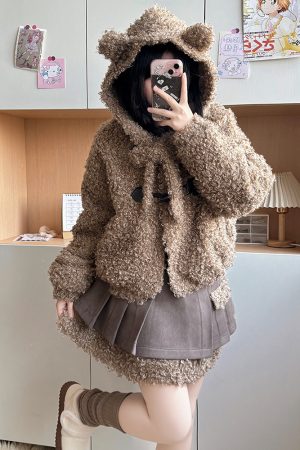 Hooded Lamb Wool Coat & Pudding Bear JK Uniform Set - College Style Autumn Winter Two-Piece for Women