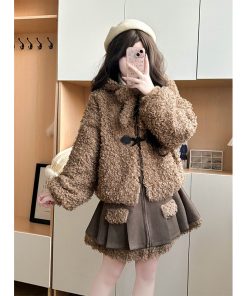 Hooded Lamb Wool Coat & Pudding Bear JK Uniform Set - College Style Autumn Winter Two-Piece for Women