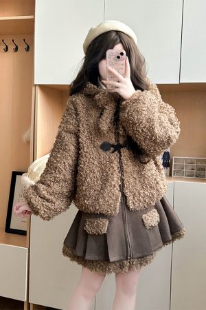 Hooded Lamb Wool Coat & Pudding Bear JK Uniform Set - College Style Autumn Winter Two-Piece for Women