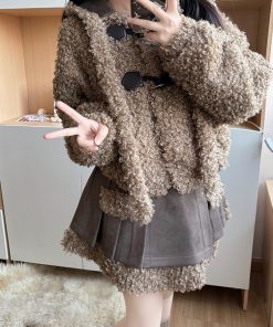 Hooded Lamb Wool Coat & Pudding Bear JK Uniform Set - College Style Autumn Winter Two-Piece for Women