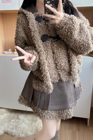 Hooded Lamb Wool Coat & Pudding Bear JK Uniform Set - College Style Autumn Winter Two-Piece for Women