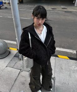 Hooded Pumpkin Lamb Fleece Sweatshirt for Women, Winter Faux Suede Lined Short Wide Fur Coat, Cozy US-Style Outerwear