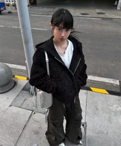 Hooded Pumpkin Lamb Fleece Sweatshirt for Women, Winter Faux Suede Lined Short Wide Fur Coat, Cozy US-Style Outerwear