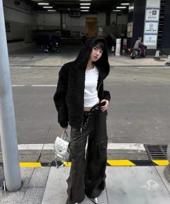 Hooded Pumpkin Lamb Fleece Sweatshirt for Women, Winter Faux Suede Lined Short Wide Fur Coat, Cozy US-Style Outerwear