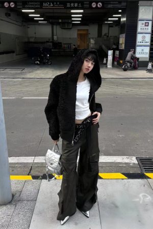 Hooded Pumpkin Lamb Fleece Sweatshirt for Women, Winter Faux Suede Lined Short Wide Fur Coat, Cozy US-Style Outerwear