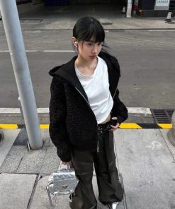 Hooded Pumpkin Lamb Fleece Sweatshirt for Women, Winter Faux Suede Lined Short Wide Fur Coat, Cozy US-Style Outerwear