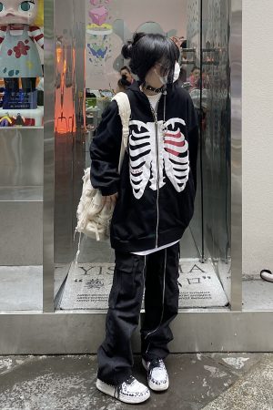 Hooded Skull Sweatshirt Jacket for Autumn, Loose Fit, Versatile High Street Style, Unisex, Trendy American Fashion