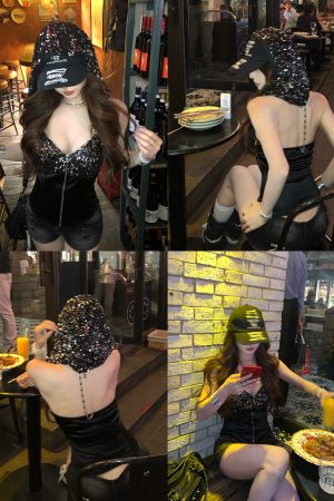 Hooded Spicy Girl Tank Top for Women - Slim Fit Summer Black Top with Beautiful Back Design - Y2K American Style Fashion