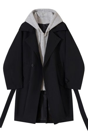 Hooded Trench Coat Suit for Men - Stylish Faux Two-Piece Design, Unique High-End Fashion, Perfect for 90s and Y2K Inspired Looks