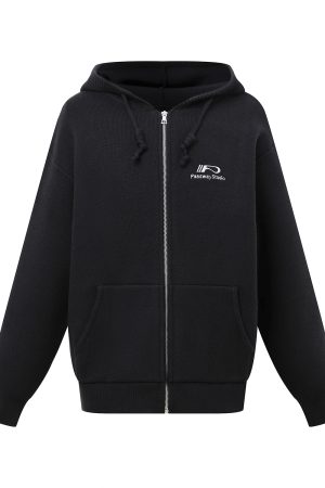 Hooded Zipper Cardigan Sweater for Women, Basic Knitted with Embroidered Logo, Casual Spring Autumn Jacket, Y2K Style