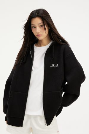 Hooded Zipper Cardigan Sweater for Women, Basic Knitted with Embroidered Logo, Casual Spring Autumn Jacket, Y2K Style