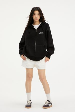 Hooded Zipper Cardigan Sweater for Women, Basic Knitted with Embroidered Logo, Casual Spring Autumn Jacket, Y2K Style
