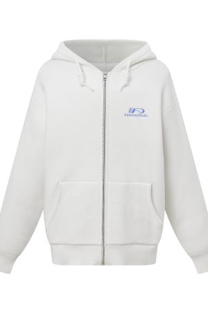 Hooded Zipper Cardigan Sweater for Women, Basic Knitted with Embroidered Logo, Casual Spring Autumn Jacket, Y2K Style