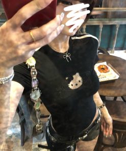 Hot Girl Mesh T-Shirt for Women - Short Sleeve, Waist-Defining, Slim Fit Black Top - Summer 90s Inspired Cat Design