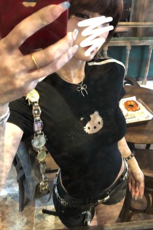 Hot Girl Mesh T-Shirt for Women - Short Sleeve, Waist-Defining, Slim Fit Black Top - Summer 90s Inspired Cat Design