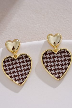 Houndstooth Pattern Ear Studs, Vintage French Gold Heart Drop Earrings, Unique Tea Series Design, 2025 Trend Fashion Jewelry