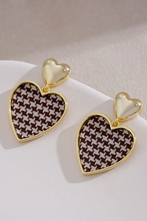 Houndstooth Pattern Ear Studs, Vintage French Gold Heart Drop Earrings, Unique Tea Series Design, 2025 Trend Fashion Jewelry