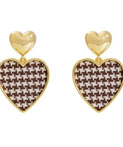 Houndstooth Pattern Ear Studs, Vintage French Gold Heart Drop Earrings, Unique Tea Series Design, 2025 Trend Fashion Jewelry