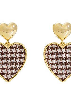 Houndstooth Pattern Ear Studs, Vintage French Gold Heart Drop Earrings, Unique Tea Series Design, 2025 Trend Fashion Jewelry