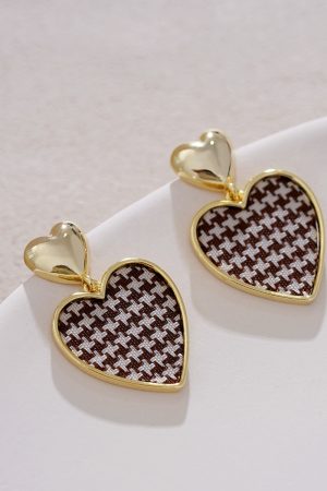 Houndstooth Pattern Ear Studs, Vintage French Gold Heart Drop Earrings, Unique Tea Series Design, 2025 Trend Fashion Jewelry
