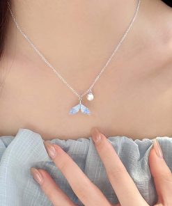 Ice Blue Fish Tail Pearl Necklace for Women - Heart Design Clavicle Chain, Versatile Summer Vacation Accessory 2025