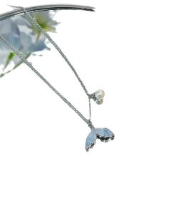 Ice Blue Fish Tail Pearl Necklace for Women - Heart Design Clavicle Chain, Versatile Summer Vacation Accessory 2025