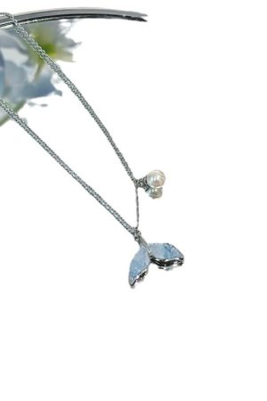 Ice Blue Fish Tail Pearl Necklace for Women - Heart Design Clavicle Chain, Versatile Summer Vacation Accessory 2025