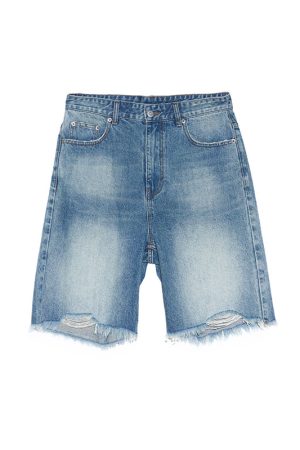 Indigo Destroyed Mid-Rise Denim Shorts for Women â€“ Vintage Style, Casual Summer Fashion, Trendy Distressed Look