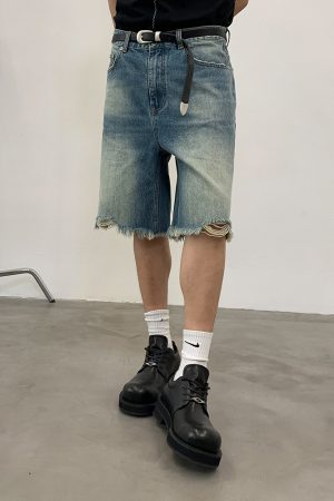 Indigo Destroyed Mid-Rise Denim Shorts for Women â€“ Vintage Style, Casual Summer Fashion, Trendy Distressed Look