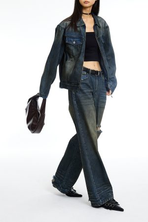 Indigo Dyed Distressed Denim Pants for Women | Trendy Y2K Style | Fashionable Casual Wear