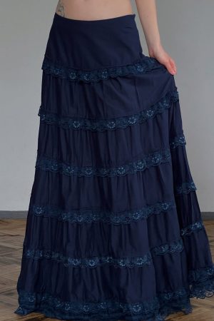 Ink Blue Tribal Style Draped A-Line Long Skirt - Vintage Retro Half Skirt for Y2K and Bohemian Fashion