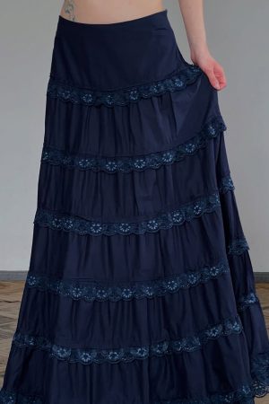 Ink Blue Tribal Style Draped A-Line Long Skirt - Vintage Retro Half Skirt for Y2K and Bohemian Fashion