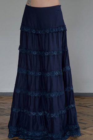 Ink Blue Tribal Style Draped A-Line Long Skirt - Vintage Retro Half Skirt for Y2K and Bohemian Fashion