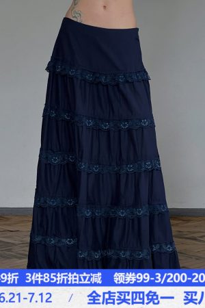 Ink Blue Tribal Style Draped A-Line Long Skirt - Vintage Retro Half Skirt for Y2K and Bohemian Fashion