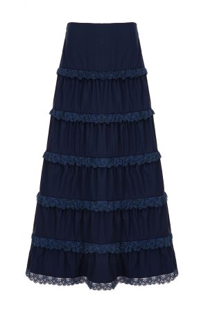 Ink Blue Tribal Style Draped A-Line Long Skirt - Vintage Retro Half Skirt for Y2K and Bohemian Fashion