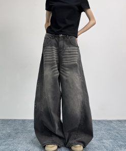 Ink Splash Design Curved Blade Jeans for Women | Loose Draped Wide-Leg Pants for Men | American Vintage Style