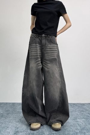 Ink Splash Design Curved Blade Jeans for Women | Loose Draped Wide-Leg Pants for Men | American Vintage Style