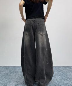 Ink Splash Design Curved Blade Jeans for Women | Loose Draped Wide-Leg Pants for Men | American Vintage Style