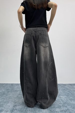 Ink Splash Design Curved Blade Jeans for Women | Loose Draped Wide-Leg Pants for Men | American Vintage Style